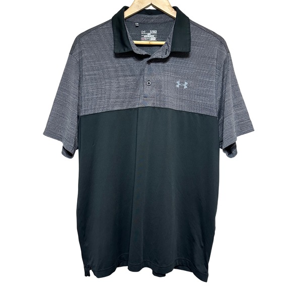 Under Armour Mens Golf Polo Shirt XL Gray Black HeatGear Loose Fit Athletic - Picture 1 of 11